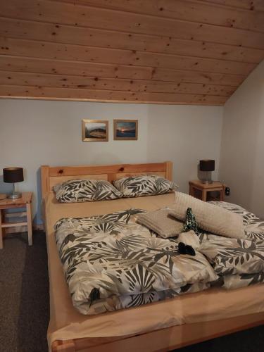 two beds in a bedroom with a wooden ceiling at Zwardoniówka Apartamenty pod Orawcową in Zwardoń