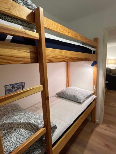 une chambre avec deux lits superposés dans une pièce dans l'établissement La Foux d Allos Haut - Studio avec coin montagne 4 pers refait à neuf - Plein sud - Internet Fibre, à La Foux