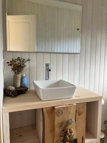 - un lavabo blanc sur un comptoir en bois dans la salle de bains dans l'établissement Acogedora casa en bosque Cerro Castillo cercana Parque, à Villa Cerro Castillo