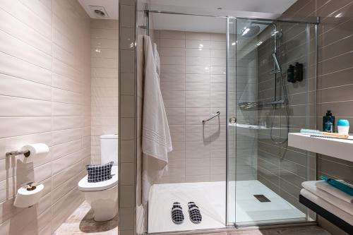 y baño con ducha y aseo. en Apartamentos Caribou en Pas de la Casa