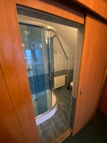 a bathroom with a shower with a glass door at Bukovina Concept Mountain in Bukowina Tatrzańska