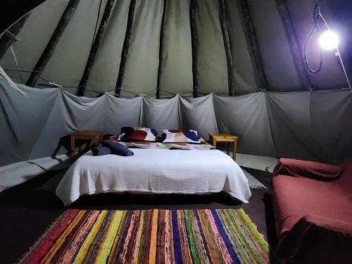 ein Schlafzimmer mit einem Bett in einem Zelt in der Unterkunft Tsitsikamma Wolf Sanctuary ECO Cabins & Teepees in Stormsriviermond