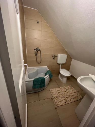 een kleine badkamer met een bad en een toilet bij Cozy Apartment in Gălăuţaş