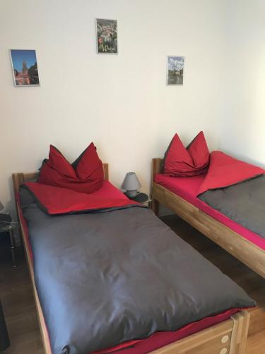 2 camas individuales en una habitación con almohadas rojas en Schöne neu erbaute Wohnung, en Berlín