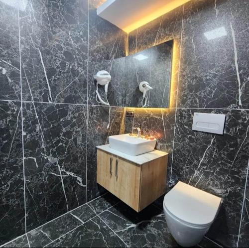 W łazience znajduje się umywalka, toaleta i lustro. w obiekcie LİON HİLL RESORT w mieście Sarıkamıs