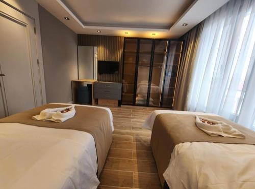 Habitación de hotel con 2 camas y TV en LİON HİLL RESORT, en Sarıkamıs