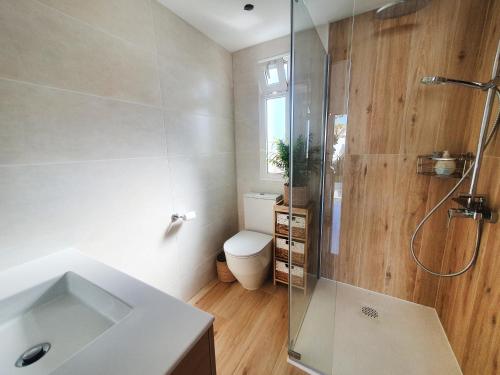 a bathroom with a shower and a toilet and a sink at Casa Zara in San Miguel de Abona