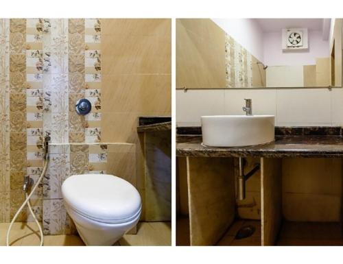 2 fotos de un baño con aseo y lavabo en Hotel Swayam, Jabalpur, en Jabalpur