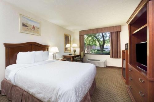 um quarto de hotel com uma cama grande e uma televisão em Days Inn by Wyndham Columbus Airport em Columbus