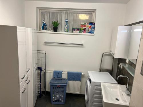 a small kitchen with a sink and a washing machine at Cozy 3BR Apt. with the best location/U3 Gasometer in Vienna