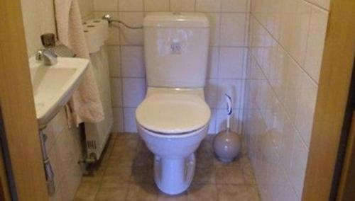 uma casa de banho com um WC branco e um lavatório. em Gästehaus Erlhof em Schiefling am See