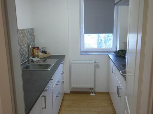 a small kitchen with a sink and a window at Unseburg-Ferienwohnung 3 