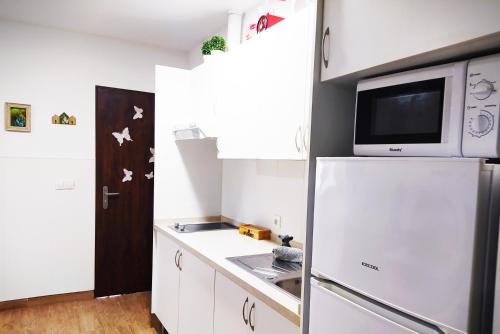 a small kitchen with a refrigerator and a microwave at Apartamento Loft La Magdalena in Córdoba