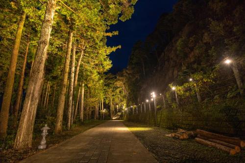 uma rua ladeada de árvores à noite com luzes em 宿坊 大泰寺 Temple Hotel Daitai-ji em Shimosato