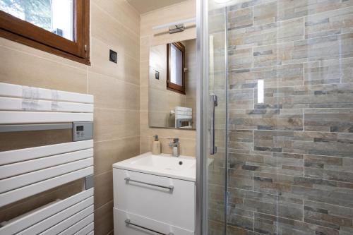 une salle de bain avec un lavabo et une douche dans l'établissement Chalet Garance, les cimes argentées, à Risoul