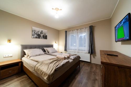 1 dormitorio con 1 cama y TV de pantalla plana en L&H Apartment en Odorheiu Secuiesc