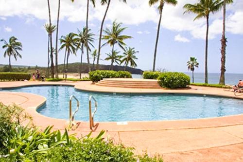 a swimming pool with palm trees and the ocean at Kepuhi Beach Resort in Maunaloa