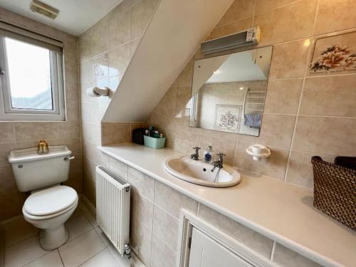 een badkamer met een toilet, een wastafel en een spiegel bij Comfortable, modern family home in St. Agnes in St. Agnes 