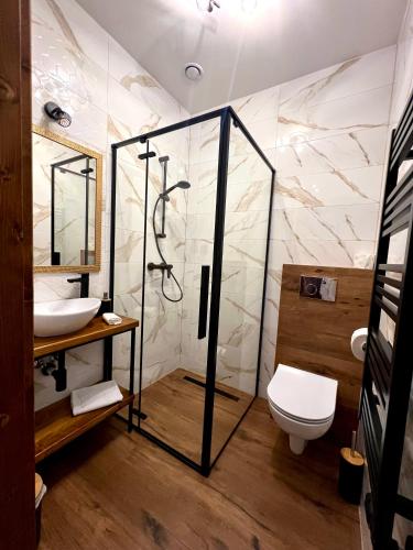 a bathroom with a glass shower and a toilet at Rozeta in Witów