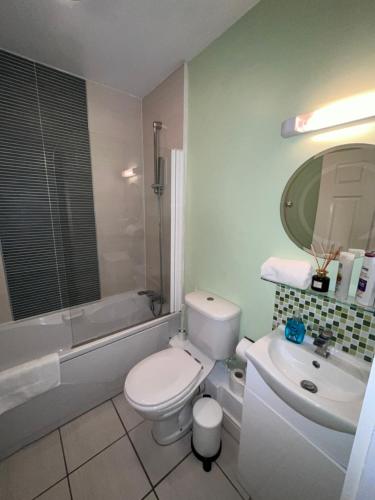 a bathroom with a white toilet and a sink at North Dublin Modern Apartment in Dublin