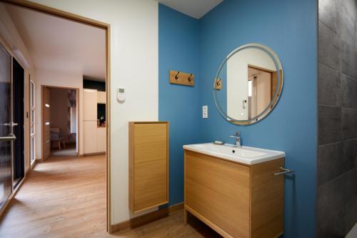 een badkamer met een wastafel en een spiegel bij Superbe grange réaménagée in Fampoux
