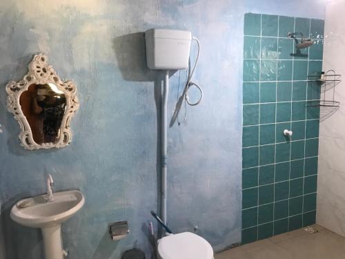 uma casa de banho com um lavatório, um WC e um espelho. em Trailer Refúgio Shakti em Florianópolis