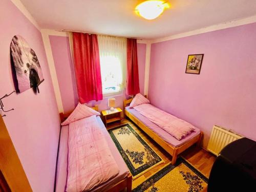 a small room with two beds and a window at Casa Stana in Cavnic