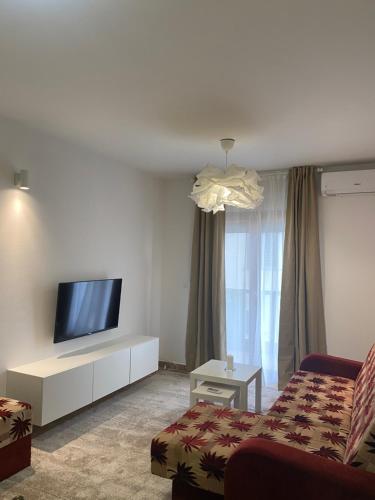 sala de estar con sofá y TV de pantalla plana en Apartment VaLi, en Herceg-Novi