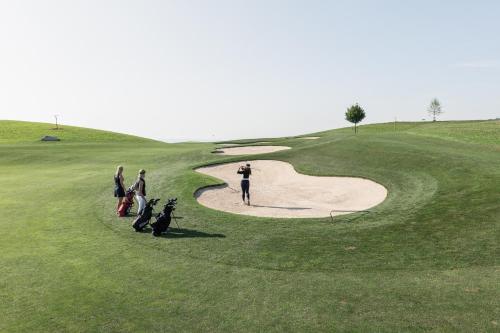 um grupo de pessoas em pé em um campo de golfe em Gasthaus Badhof - Golfhotel em Lucerna