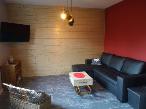 uma sala de estar com um sofá preto e uma televisão em Tourmalet em Campan