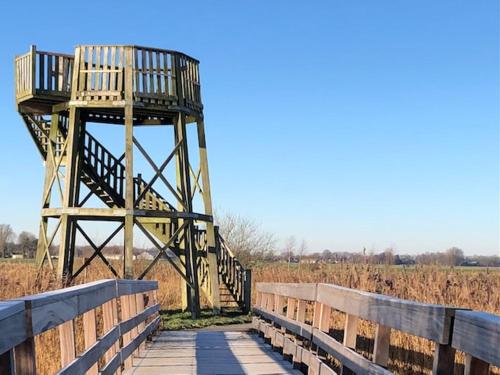 un puente de madera con una pasarela sobre un campo en Camping Hof van Kolham, en Kolham