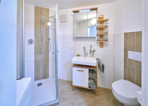 uma casa de banho com um lavatório, um chuveiro e um WC. em Ferienwohnung Tittmoning zwischen Salzburg, Burghausen und Österreich em Tittmoning