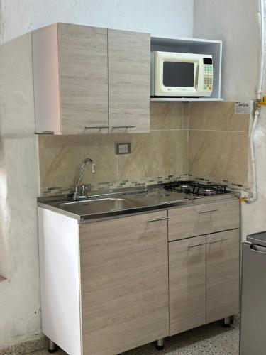 uma cozinha com um lavatório e um micro-ondas em Hermoso apartamento Colonial em Santa Fe de Antioquia