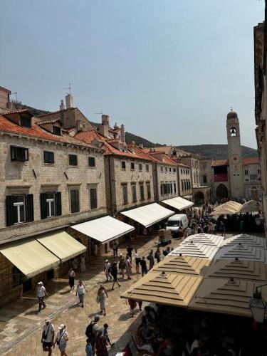 a group of people walking around a street with buildings at Stradun Main Street Residence in Dubrovnik