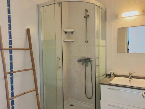 a bathroom with a glass shower with a sink at Le Maracuja - Spacieux T3 in Les Trois-Îlets