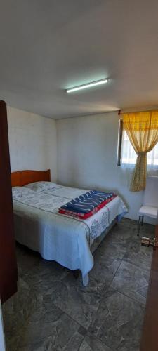 een slaapkamer met een bed in een kamer met een raam bij Departamentos y Tinajas BlancaMahuida in El Quisco