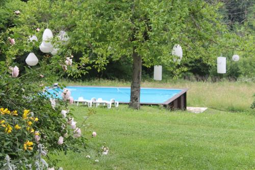 a swimming pool in a yard with a tree at Camping Sretanwolf in Bosiljevo