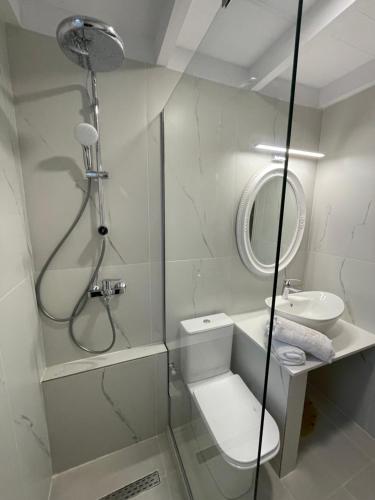 a bathroom with a shower and a toilet and a sink at Neptune family Villa in Zakynthos Town