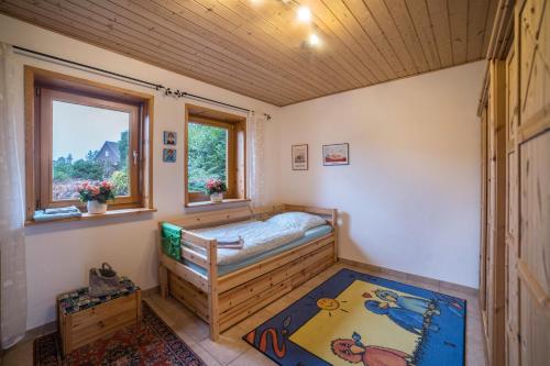a bedroom with a bed and a window and a rug at Ferienhaus Sonne Harz und Sterne in Hohegeiß