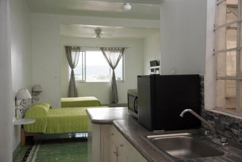 eine Küche mit einem Waschbecken und ein Wohnzimmer in der Unterkunft Hotel Suites Córdoba in Córdoba