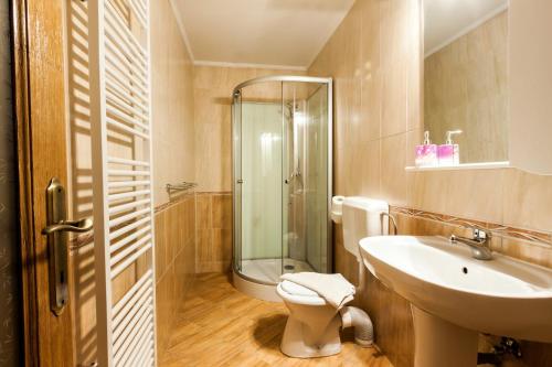 uma casa de banho com um WC, um lavatório e um chuveiro em Pensiune si Restaurant Anda em Gheorgheni