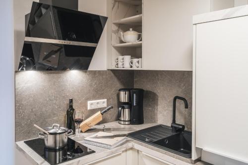 Kuchyň nebo kuchyňský kout v ubytování Das Landhaus Apartments Prägant