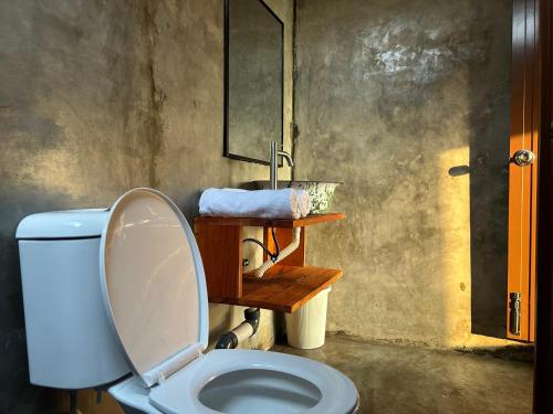 a bathroom with a toilet with a sink and a mirror at Paddies Homestay New in Cipaku-gede