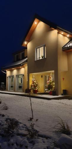 uma casa com duas árvores de Natal em frente em Zajazd Stronie em Stronie Śląskie