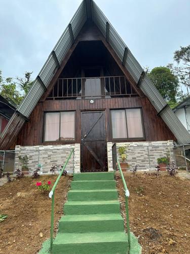 una casa con escaleras verdes que conducen a una puerta en Bungalows Tenorio Montand Lodge, en Upala
