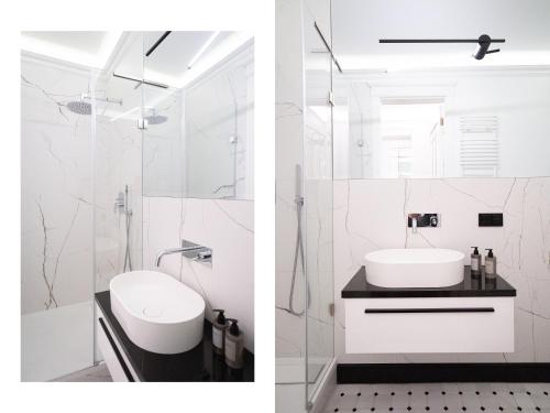 グダニスクにあるSUITE Szafarnia Prime Locationの白いバスルーム(シンク、シャワー付)