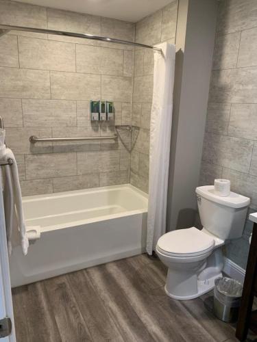 a bathroom with a white tub and a toilet at Big Bear Frontier in Big Bear Lake