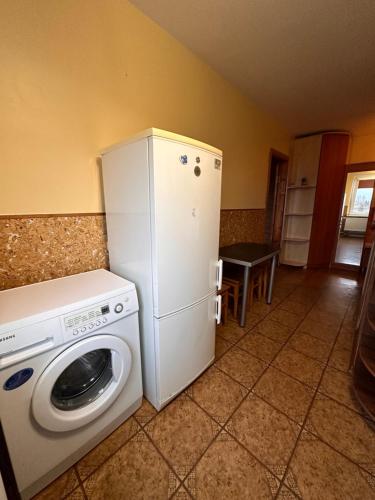 een keuken met een wasmachine en een koelkast bij Redroomas in Kėdainiai