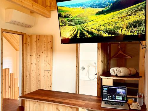 a bathroom with a tv and a laptop on a counter at Das Rizzi in Grössing