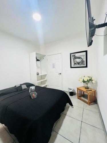 a bedroom with a black bed in a white room at Casa Ambar in Tijuana
